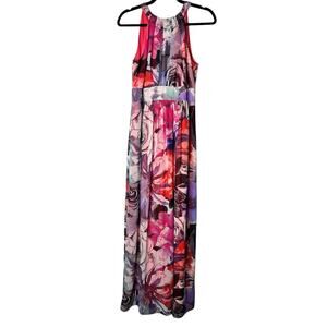 Eliza J Dress SZ 4 Pink Purple Floral Print Fit & Flare Sleeveless Halter Maxi